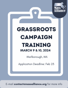 Flyer announcing upcoming grassroots training for March 9 & 10, 2024 in Marlborough, MA, Registration deadline Feb 23